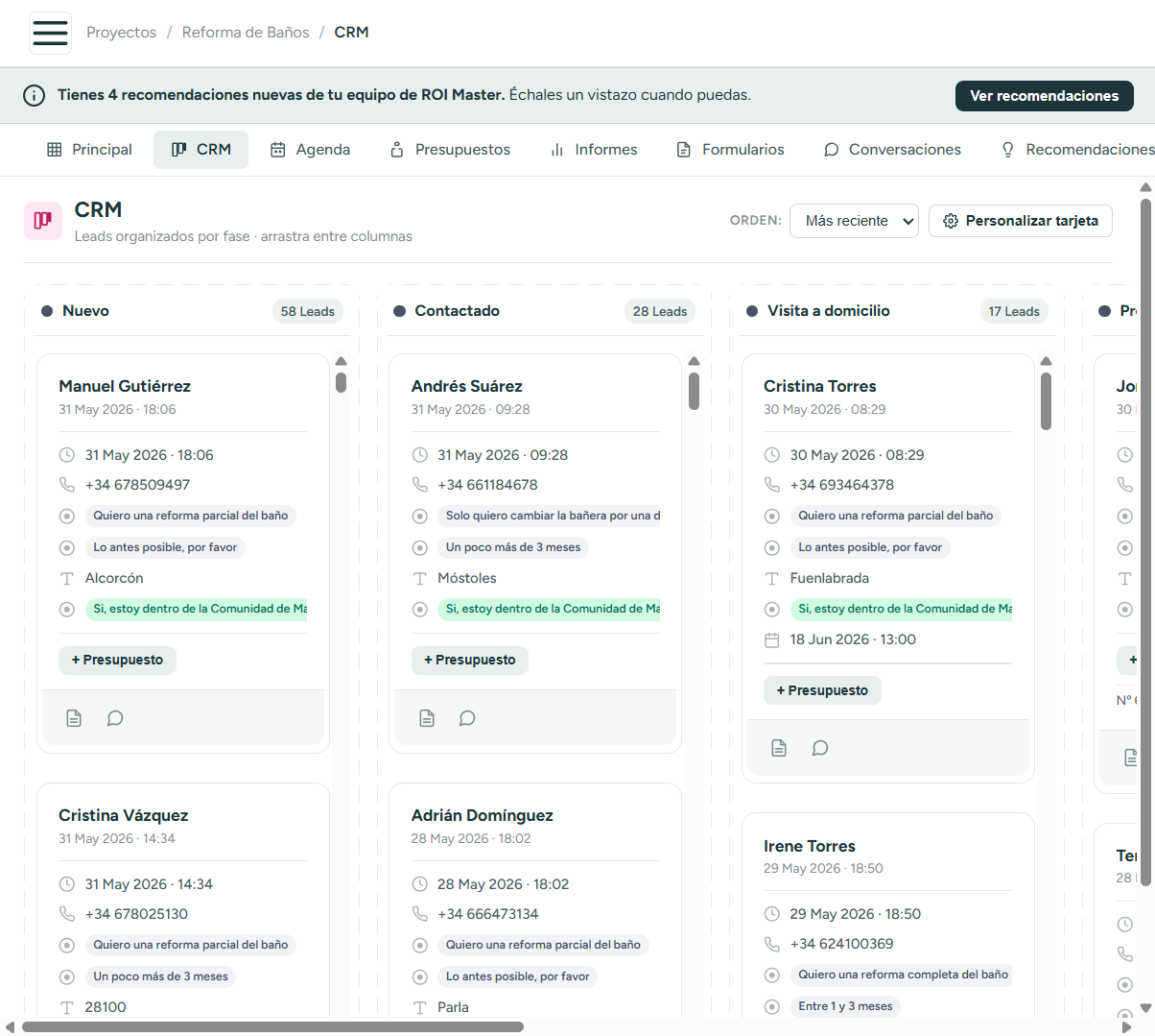 Vista CRM del programa de clientes