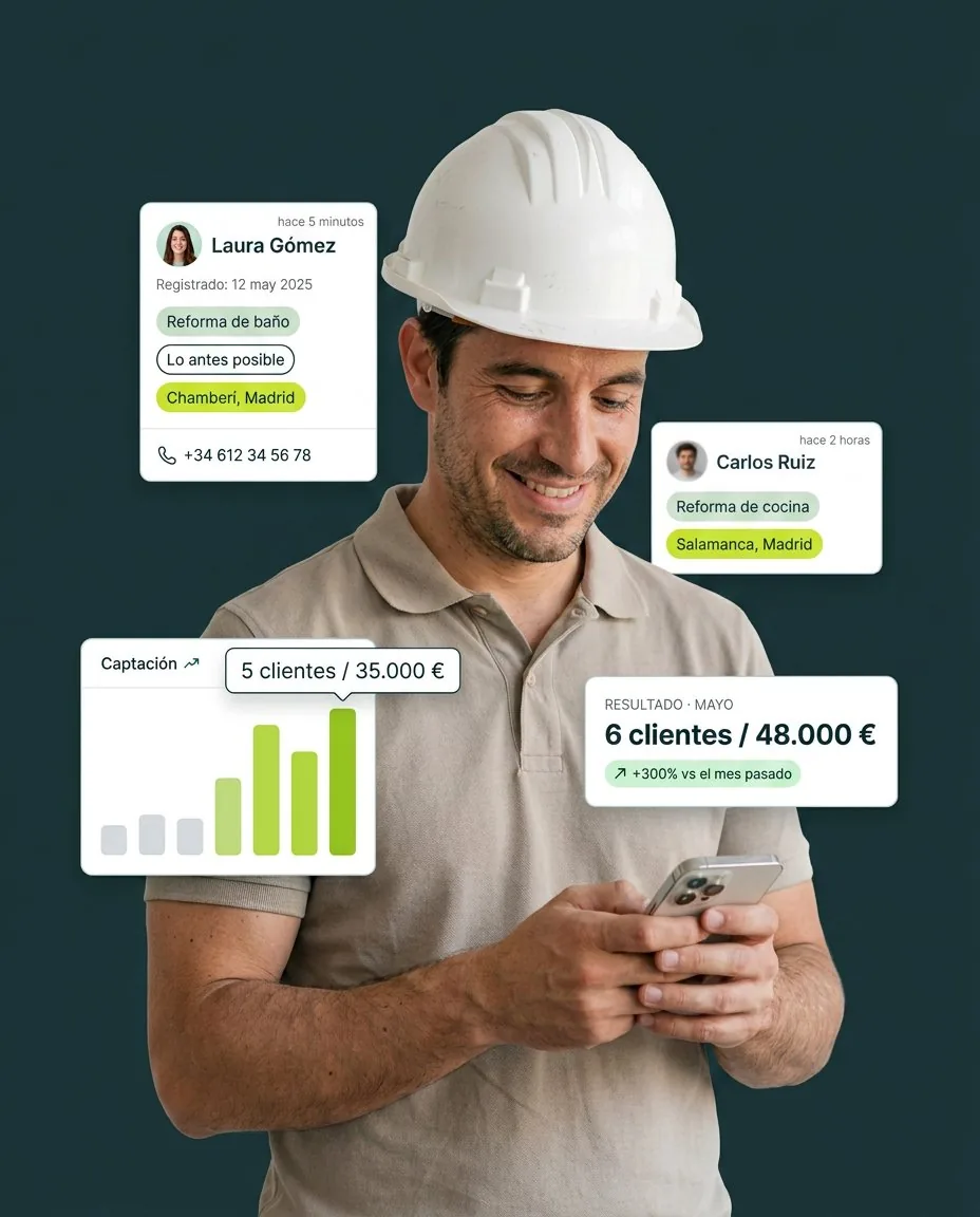 Profesional de reformas recibiendo contactos de clientes en su móvil