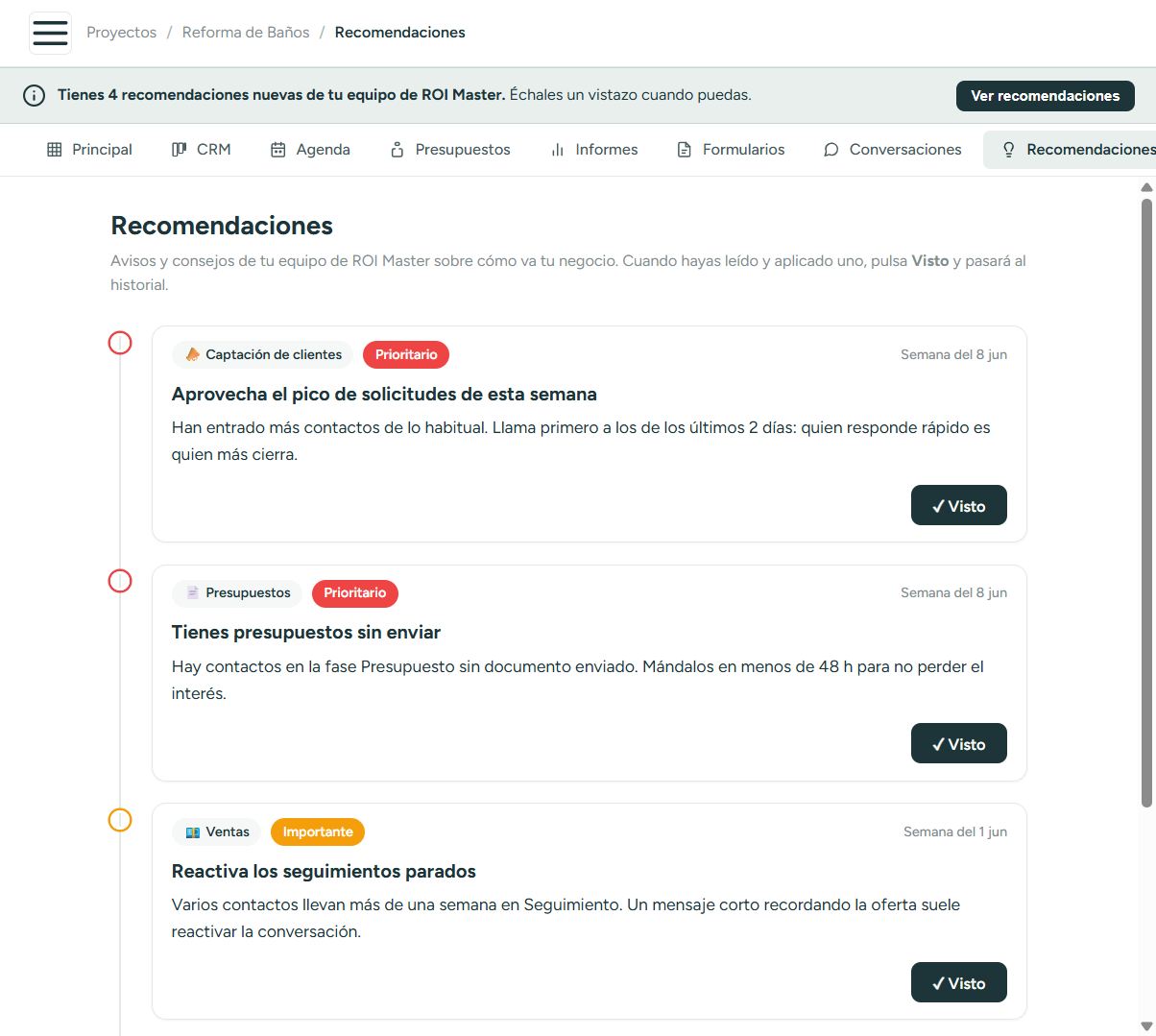 Vista Recomendaciones del programa de clientes